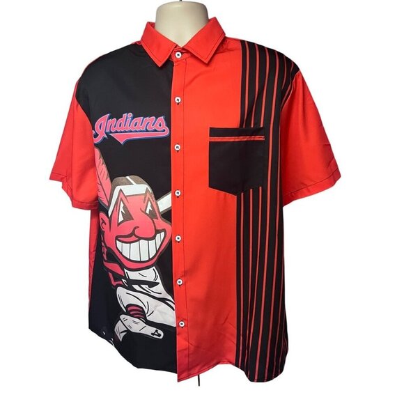 Summer Everest Other - Mens Cleveland Indians Baseball Red Button Up Shirt Large Pocket Chief Wahoo New